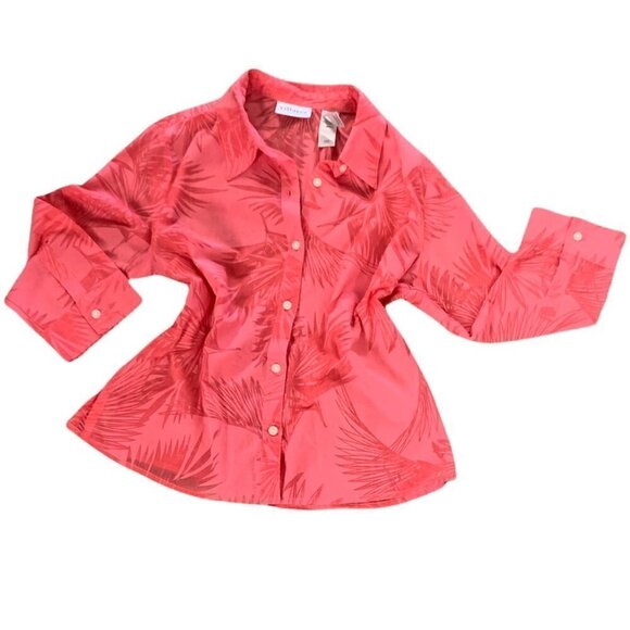 Liz Claiborne Villager Button Front Shirt Novelty Palm Tree Print Sz 8 Pink 26B - Picture 2 of 10